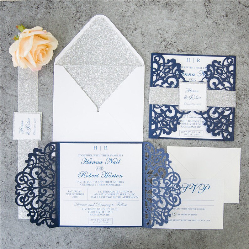 Diy Invitation Kit Navy And Silver Glitter Laser Cut Invites For Wedding Quince Sweet Sixteen Pocket Lasercut Colors