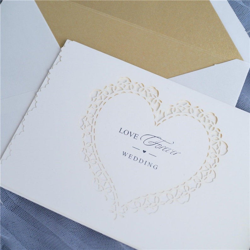 lasercut heart wedding invitations laser cut wedding invitation in ivory and champagne sweet heart doily design elegant wedding invites heart wedding invites