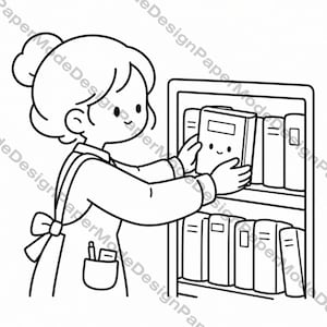 May include: Black and white line art illustration of a person putting a book on a bookshelf. The book has a smiling face. The person is wearing an apron with a pocket and a pen.