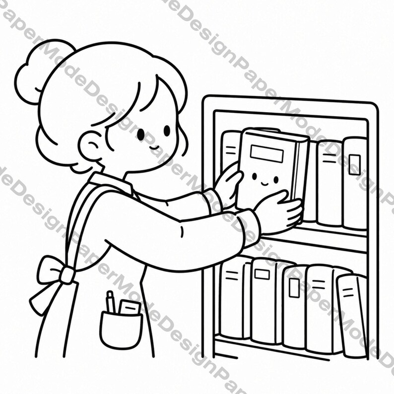 May include: Black and white line art illustration of a person putting a book on a bookshelf. The book has a smiling face. The person is wearing an apron with a pocket and a pen.