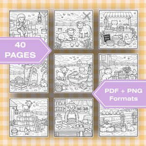 May include: Black and white line art colouring book pages featuring farm scenes. The image includes illustrations of animals, people, and farm settings. Text on the image reads "40 PAGES" and "PDF + PNG Formats".