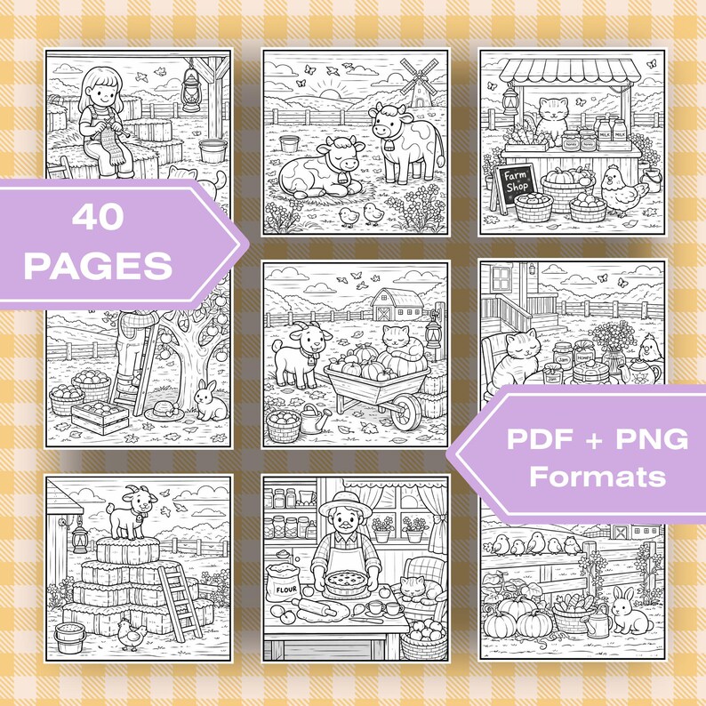 May include: Black and white line art colouring book pages featuring farm scenes. The image includes illustrations of animals, people, and farm settings. Text on the image reads "40 PAGES" and "PDF + PNG Formats".