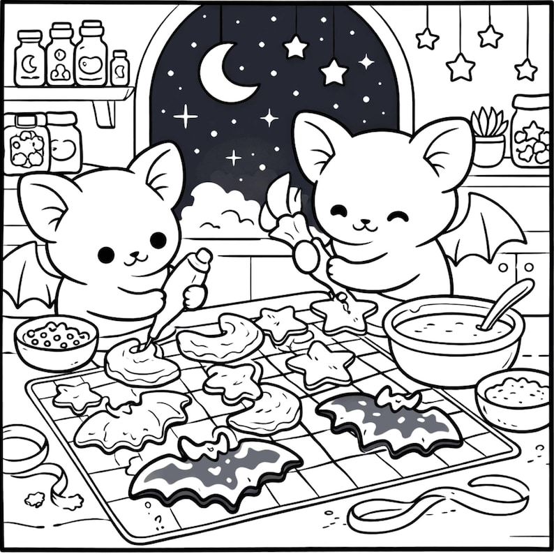 May include: Black and white illustration of two cartoon bats decorating cookies. One bat is piping frosting, the other is holding a pastry bag. Cookies are bat and star shaped. A night sky with a crescent moon and stars is in the background.
