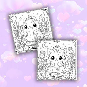 May include: Two black and white colouring pages with adorable monster illustrations. One page shows a monster named "Puddle" in a pond setting. The other page features a monster named "Thistlepaw" with thistles and a crescent moon.