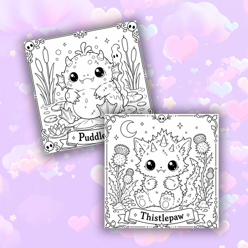 May include: Two black and white colouring pages with adorable monster illustrations. One page shows a monster named "Puddle" in a pond setting. The other page features a monster named "Thistlepaw" with thistles and a crescent moon.