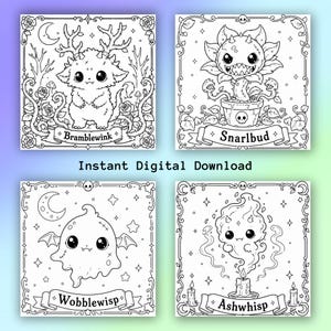 May include: Four black and white illustrations of fantastical creatures, each within a decorative frame. The creatures include a deer-like character, a plant monster, a ghost with bat wings, and a smoke-like entity. Each image has a name banner.