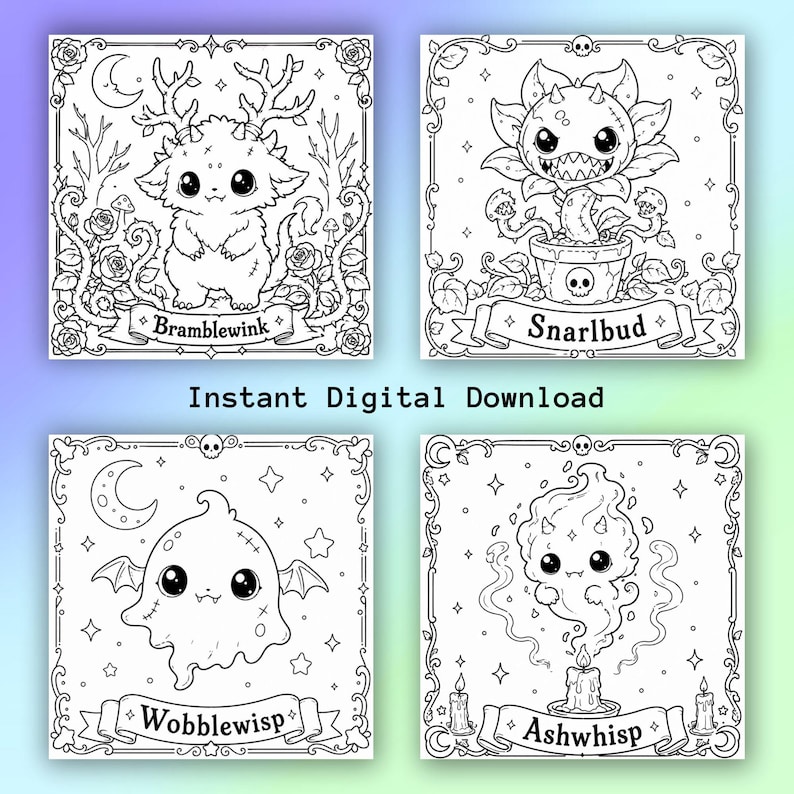 May include: Four black and white illustrations of fantastical creatures, each within a decorative frame. The creatures include a deer-like character, a plant monster, a ghost with bat wings, and a smoke-like entity. Each image has a name banner.
