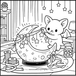 May include: Black and white illustration of a cartoon bat decorating a crescent moon with hanging stars. The moon has a bow and sits on a table with a jar of stars, spools of thread, and a lamp.