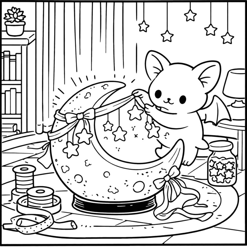 May include: Black and white illustration of a cartoon bat decorating a crescent moon with hanging stars. The moon has a bow and sits on a table with a jar of stars, spools of thread, and a lamp.