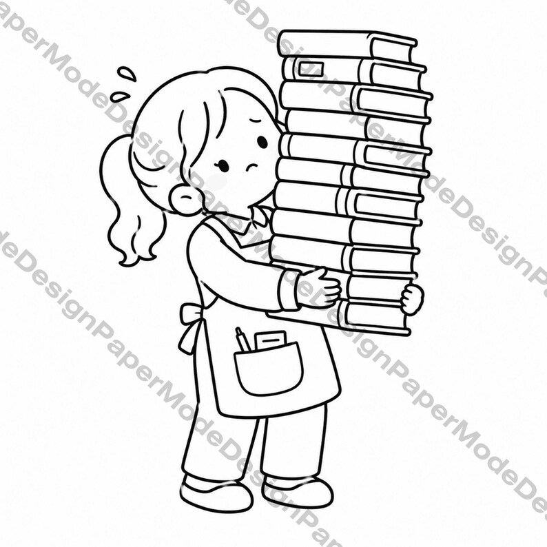 May include: A monochrome illustration depicts a person struggling to carry a tall stack of books. The person wears an apron and looks worried. The books are stacked high, and the image has a simple, cartoon style.