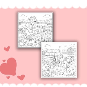 May include: Two black and white colouring pages depicting farm scenes. One shows a farmer planting seeds, and the other depicts a horse pulling a hay wagon. A bunny, dog, and chicken are also present.
