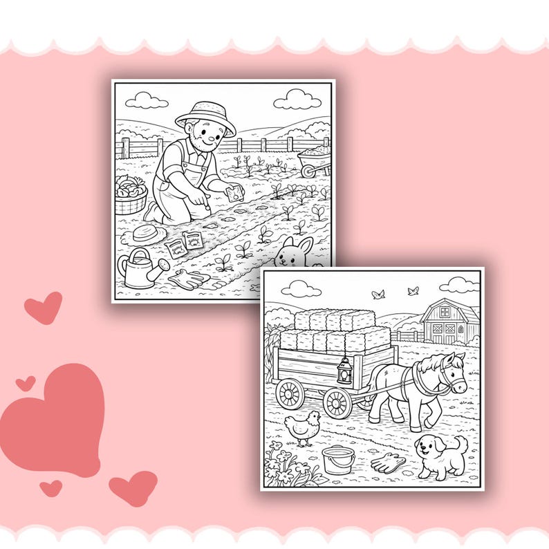 May include: Two black and white colouring pages depicting farm scenes. One shows a farmer planting seeds, and the other depicts a horse pulling a hay wagon. A bunny, dog, and chicken are also present.
