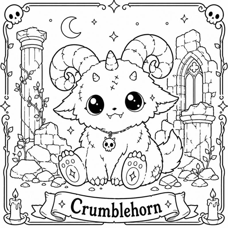 May include: A black and white illustration of a cute horned creature named Crumblehorn, with large eyes and a skull pendant. The image features a gothic frame with skulls, stars, and ruins, ideal for colouring or as a print.