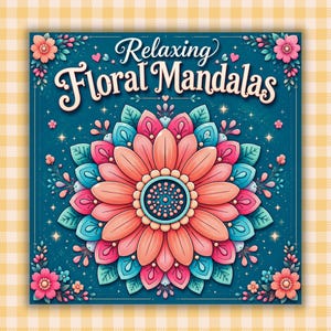 May include: A square book cover with a dark teal background featuring the text Relaxing Floral Mandalas in white script. A large, symmetrical, multi-layered flower mandala in shades of coral, pink, and teal sits in the center with small stars.