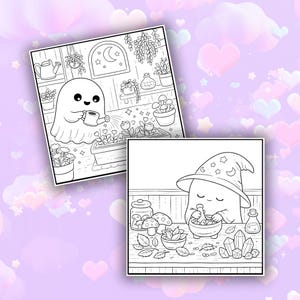 May include: Two square black and white coloring pages. One shows a ghost watering flowers in a room with plants and a window. The other shows a ghost wearing a star-patterned hat using a mortar and pestle with mushrooms and crystals.