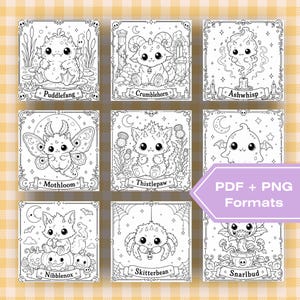May include: Nine black and white illustrations of fantasy creatures, each in a decorative frame. The creatures include a monster in a pond, a horned creature, a wisp, a moth, a spiky creature, a ghost, a cat, a spider, and a plant-like monster. Text includes creature names and "PDF + PNG Formats."