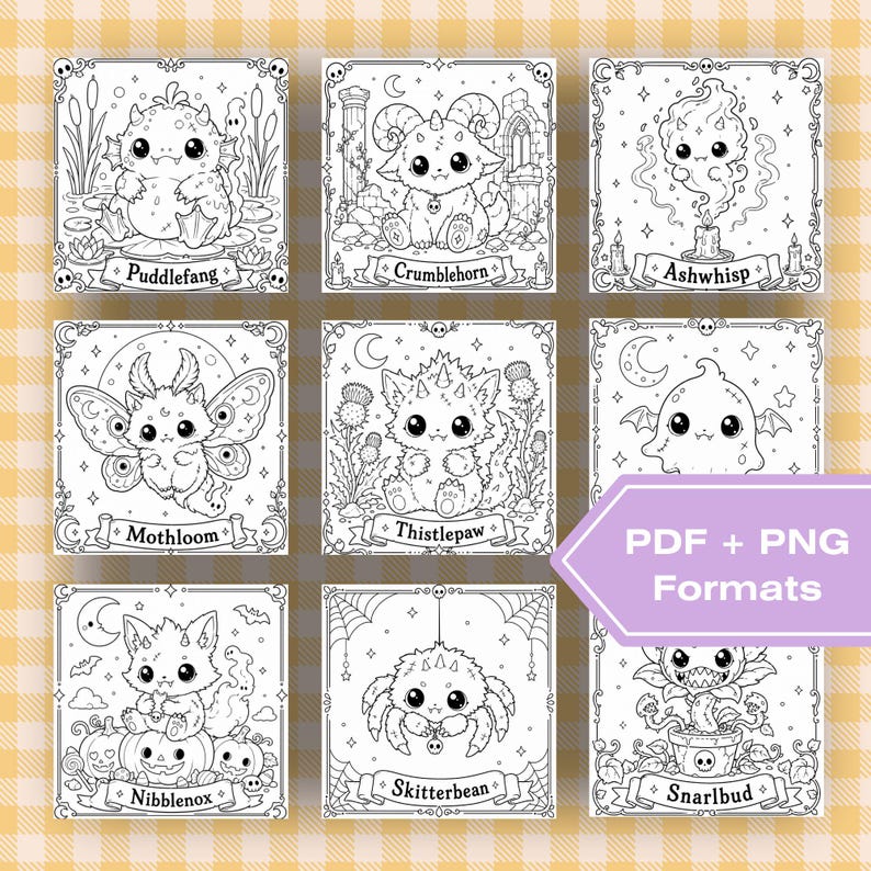 May include: Nine black and white illustrations of fantasy creatures, each in a decorative frame. The creatures include a monster in a pond, a horned creature, a wisp, a moth, a spiky creature, a ghost, a cat, a spider, and a plant-like monster. Text includes creature names and "PDF + PNG Formats."