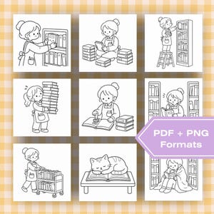 May include: Nine black and white illustrations of a librarian in different library settings. The librarian is shown reading, shelving books, and using a stamp. The text "PDF + PNG Formats" is visible in a purple banner.