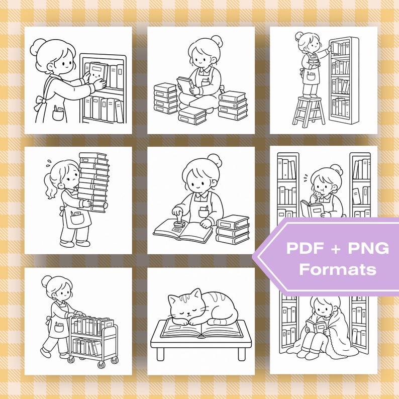 May include: Nine black and white illustrations of a librarian in different library settings. The librarian is shown reading, shelving books, and using a stamp. The text "PDF + PNG Formats" is visible in a purple banner.