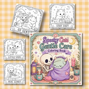 Spooky Cute Coloring Pages, Cozy Self Care Coloring Book, Kawaii Halloween Coloring, Cute Monster Coloring, Dark Aesthetic Relaxing Art
