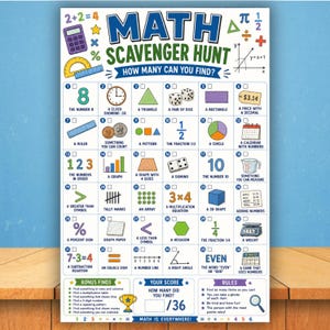 May include: A white educational poster titled MATH SCAVENGER HUNT with the subtitle HOW MANY CAN YOU FIND. The grid features 36 numbered squares, each containing a math-related illustration and text, plus a bonus section, score box, and rules.