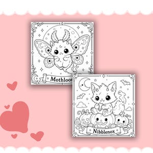 May include: Two black and white colouring pages featuring fantasy creatures. One shows a moth-like creature with the text "Mothloor". The other depicts a fox-like character sitting on pumpkins with the text "Nibblenox".