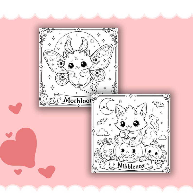 May include: Two black and white colouring pages featuring fantasy creatures. One shows a moth-like creature with the text "Mothloor". The other depicts a fox-like character sitting on pumpkins with the text "Nibblenox".