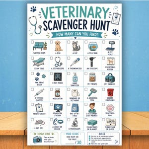 Pode incluir: Uma folha de jogo de caça ao tesouro veterinária branca com texto e ilustrações em azul-petróleo. A grade apresenta trinta itens para encontrar, incluindo um cão, gato, aquário, estetoscópio e suprimentos médicos, com caixas de seleção.