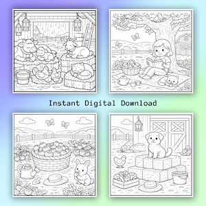 May include: Four black and white colouring pages featuring farm animals and scenes. One shows a barn with a cow, goat, chickens, and cat. Another depicts a girl reading under a tree. The third shows a bunny with strawberries, and the last shows a dog.