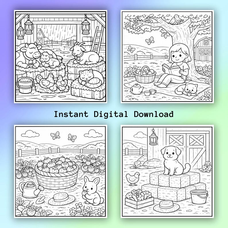 May include: Four black and white colouring pages featuring farm animals and scenes. One shows a barn with a cow, goat, chickens, and cat. Another depicts a girl reading under a tree. The third shows a bunny with strawberries, and the last shows a dog.