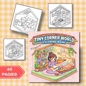 Tiny Corner Coloring Pages, Cute Room Corner Coloring, Kawaii Room Decor Coloring, Aesthetic Corner Coloring, Tiny Corner World Printable