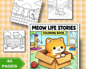 Cute Cat Coloring Book, Kitten Coloring Pages, Kawaii Cat Coloring, Daily Life Relaxing Cute Animal Coloring Pages PDF, Cat Lovers Gift
