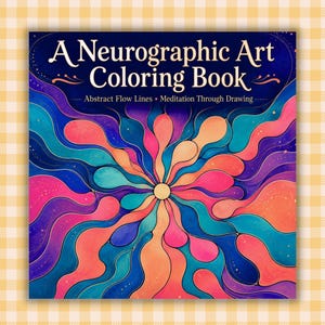 May include: A square coloring book titled A Neurographic Art Coloring Book: Abstract Flow Lines • Meditation Through Drawing. The cover features a vibrant, symmetrical pattern of radiating, fluid, organic shapes in shades of blue, pink, and orange.