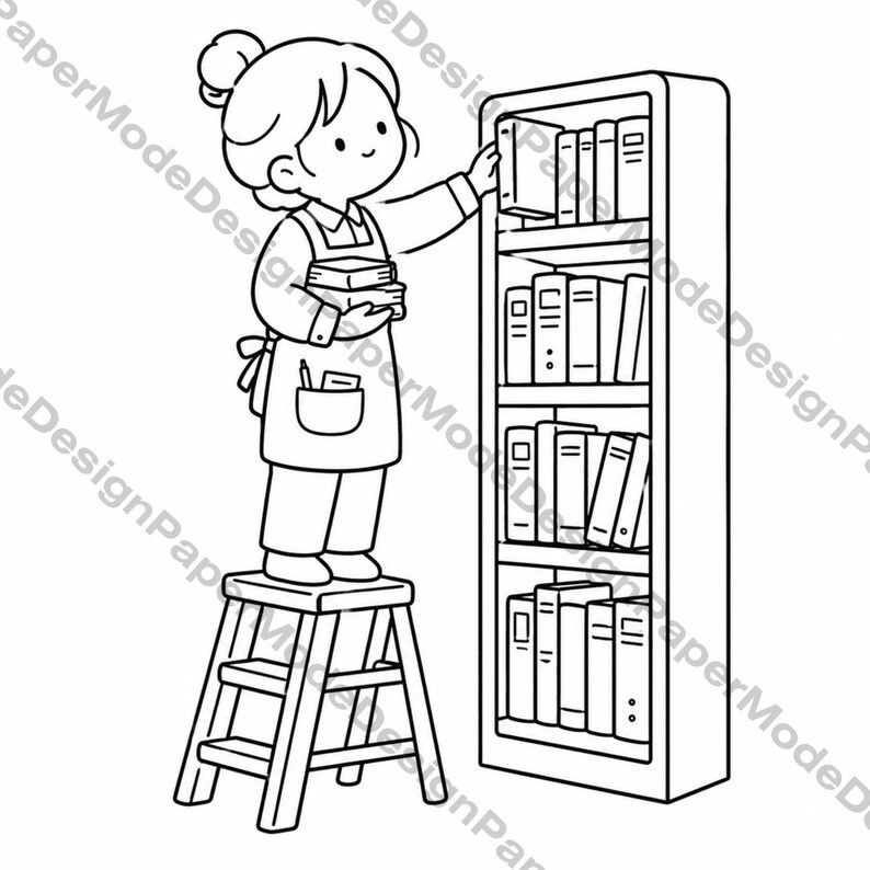 May include: A monochrome illustration depicting a person selecting a book from a bookshelf. The person is standing on a wooden step stool, holding books. The bookshelf is full of books.