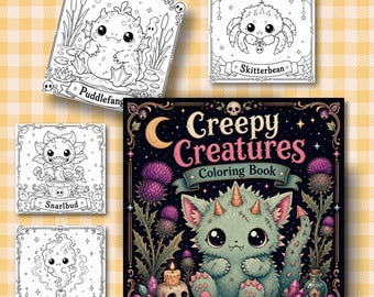 May include: A collection of coloring books featuring whimsical, spooky creatures. The main book cover reads "Creepy Creatures Coloring Book" with a cute monster illustration. Other books show line art of monsters like "Puddlefang" and "Skitterbean".