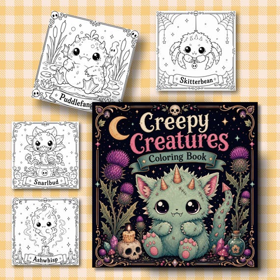 Creepy Cute Coloring Pages, Spooky Coloring Pages, Cute Monster Coloring Book, Halloween Coloring for Adults and Teens, Dark Cute Coloring