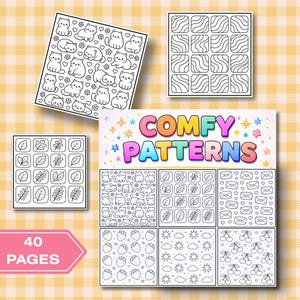 Op de afbeelding: Een verzameling kleurplaten met verschillende patronen, waaronder katten, bladeren en aardbeien. De titel "COMFY PATTERNS" wordt in kleurrijke letters weergegeven. De afbeelding bevat ook de tekst "40 PAGES".