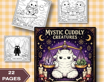 Joli livre de coloriage tarot cryptide, pages à colorier effrayantes, créatures mystiques, animaux fantastiques, sorcières, esthétique mystique, PDF imprimable