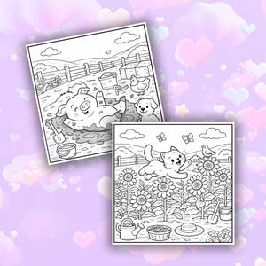 May include: Two black and white colouring pages featuring farm animals and scenes. One shows a pig in mud with a dog and chicken. The other depicts a cat leaping through sunflowers with a bird and butterflies. Both are set against a soft purple background.