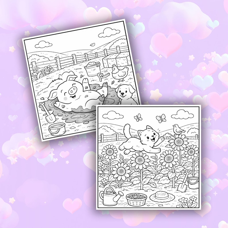 May include: Two black and white colouring pages featuring farm animals and scenes. One shows a pig in mud with a dog and chicken. The other depicts a cat leaping through sunflowers with a bird and butterflies. Both are set against a soft purple background.