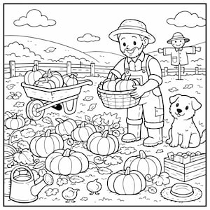 May include: Black and white illustration of a pumpkin patch scene. A farmer carries a basket of pumpkins, with a wheelbarrow full of pumpkins nearby. A dog sits next to the farmer. A scarecrow stands in the background.