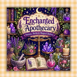 以下が含まれることがあります： 「Enchanted Apothecary」のイラスト。ポーション、ハーブ、魔法のアイテムが並ぶ棚が描かれています。天秤、クリスタル、本、カラフルな液体が入った瓶が特徴です。「Potions, Herbs & Magical Shelves」のテキストが含まれています。