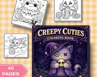May include: A "Creepy Cuties" coloring book with a cat wearing a witch hat holding a skull. Includes 3 smaller coloring pages with a frog in a teacup, a spider knitting, and a bat with stars. The cover reads "Creepy Cuties Coloring Book".
