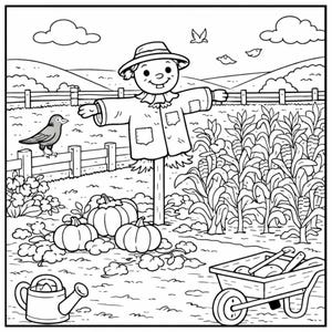 May include: Black and white illustration of a harvest scene. A smiling scarecrow stands in a field with pumpkins, corn stalks, and a wheelbarrow. A crow perches on a fence, and birds fly in the sky. A watering can is in the foreground.