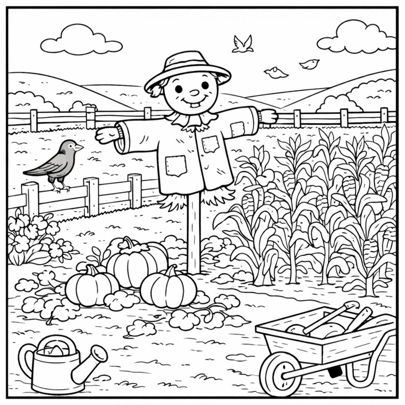 May include: Black and white illustration of a harvest scene. A smiling scarecrow stands in a field with pumpkins, corn stalks, and a wheelbarrow. A crow perches on a fence, and birds fly in the sky. A watering can is in the foreground.