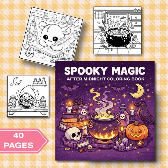 Spooky Cute Coloring Book, Kawaii Witchy Magic Scenes, Gothic Fantasy Characters, Dark Cute Aesthetic Pages, Printable Witch Theme Art