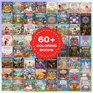 Könnte beinhalten: Eine Sammlung von über 60 Malbüchern mit verschiedenen Themen, darunter Tiere, Mandalas und Naturszenen. Die Bücher werden in einem Raster angezeigt, mit einer roten kreisförmigen Grafik in der Mitte mit der Aufschrift "60+ MALBÜCHER".