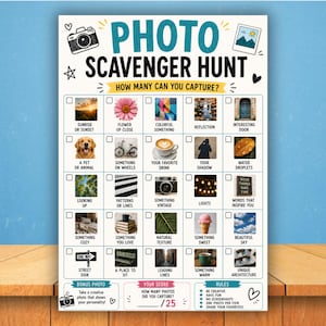 May include: A white photo scavenger hunt game sheet with the title PHOTO SCAVENGER HUNT HOW MANY CAN YOU CAPTURE? It features a grid of 25 squares, each containing a small image and a label for items to photograph, plus a bonus photo and rules section.