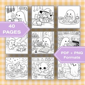 May include: A collection of 40 coloring pages featuring black and white line art illustrations of ghosts, a witch, and a creature in various settings. The text 40 PAGES and PDF + PNG Formats is displayed on purple banners over the images.