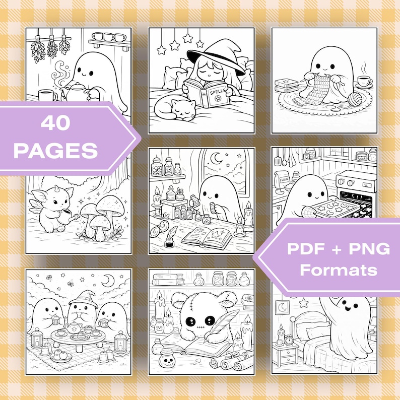 May include: A collection of 40 coloring pages featuring black and white line art illustrations of ghosts, a witch, and a creature in various settings. The text 40 PAGES and PDF + PNG Formats is displayed on purple banners over the images.